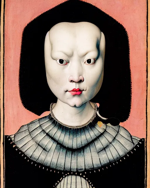 Image similar to symmetrical close - up portrait of a woman face with blue frizzy hair, wearing a embroidered black mask by alexander mcqueen, bjork aesthetic, masterpiece, in the style of rogier van der weyden and jacopo da pontormo, punk, asian art