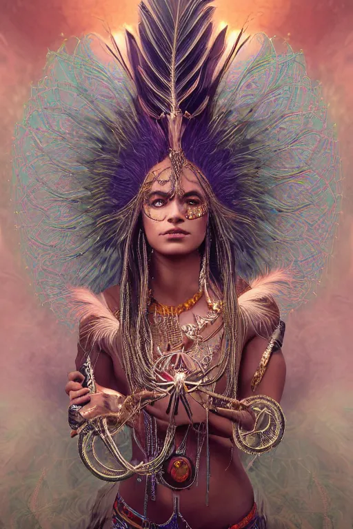 Image similar to a centered render of a single alluring mystical tribal goddess adorned with feathers and gemstones and cables and synthesizer parts is surrounded by sacred geometry made from elven architecture, full body, gorgeous, perfect face, powerful, cinematic, beautifully lit, by artgerm, by karol bak, 3 d, trending on artstation, octane render, 8 k