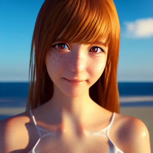 Image similar to Render of a very beautiful 3d anime girl, long hair, hazel eyes, cute freckles, full round face, short smile, cute sundress, golden hour, serene beach setting, medium shot, mid-shot, highly detailed, trending on Artstation, Unreal Engine 4k