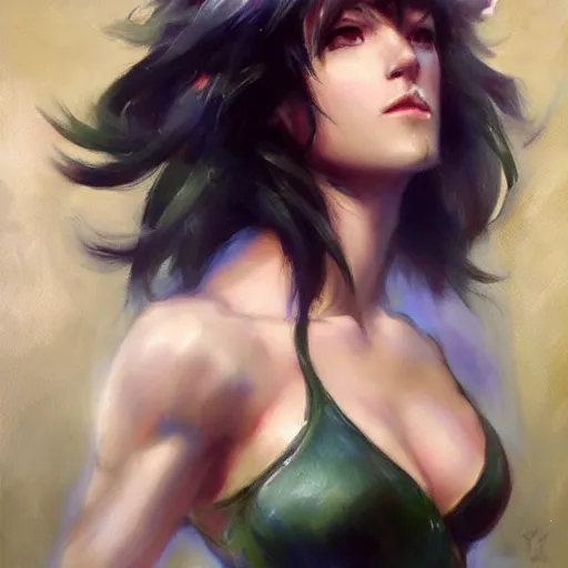 Image similar to muscular fubuki by daniel gerhartz, dark green hair, trending on artstation