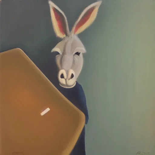 Image similar to donkey wearing a hoodie using a laptop in a dark room, oil on canvas