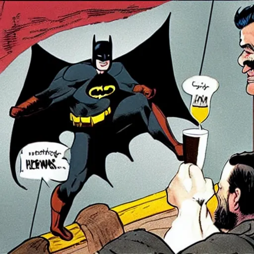 Image similar to photo of batman pouring a pint for a horse aggressively