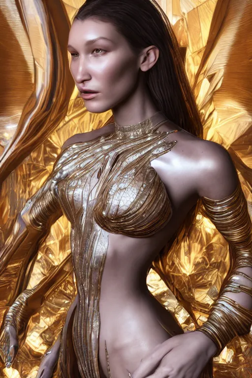 Image similar to a highly detailed metahuman 4 k render close up of an alien goddess bella hadid angel in iris van herpen dress schiaparelli in diamonds swarovski and jewelry in style of alphonse mucha trending on artstation made in unreal engine 4