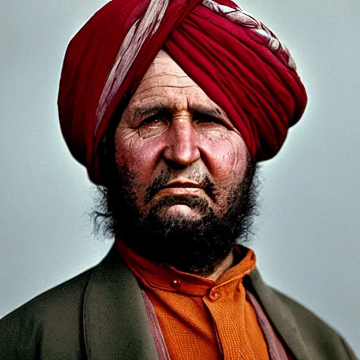 Image similar to portrait of president millard fillmore as afghan man, green eyes and red turban looking intently, photograph by steve mccurry