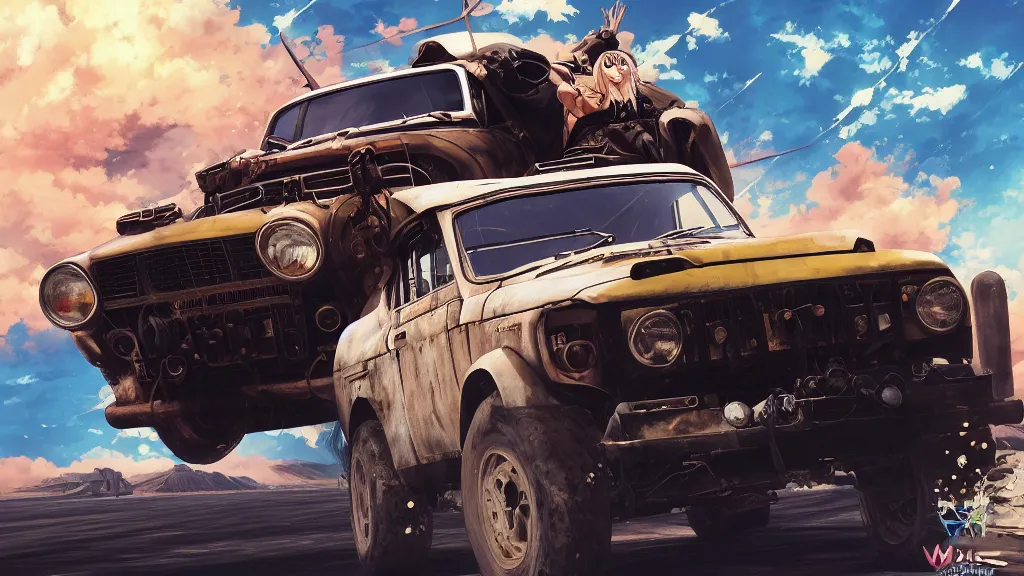 Image similar to anime illustration of mad max's fj 4 0 pursuit special, the last v 8 interceptor driving down to the gates of valhalla highway, riding fury road eternal shiny and chrome, world of fire and blood, by makoto shinkai, ilya kuvshinov, lois van baarle, rossdraws, basquiat, global illumination ray tracing hdr