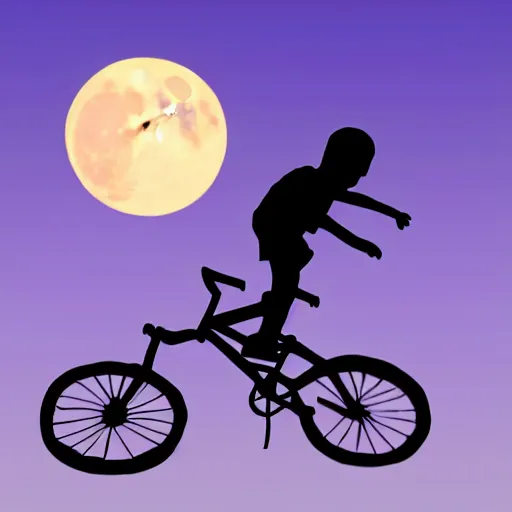 Prompt: a silhouette of a boy making a big jump with bike with basket in front of it, flying, a silhouette of trees and big grass, big shiny moon on the background at night