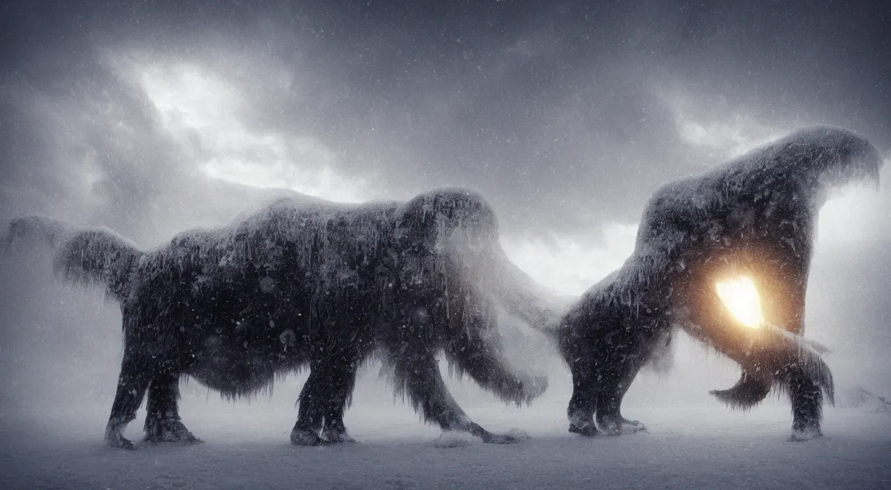 Prompt: “photo of a futurist bio-mechanical mammoth in an arctic storm, fog, snow storm, cold sunset, wind , ice, photoreal”