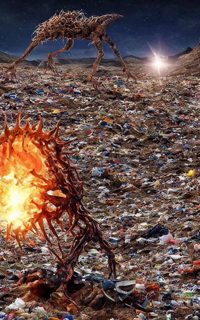 Prompt: scientific hallucigenia surrounded by trash meanwhile a Cristiano Ronaldo is tackling the nike ball in front of the light flare, night desert earth crust, iron spike, trail cam, realistic photography paleoart, masterpiece album cover