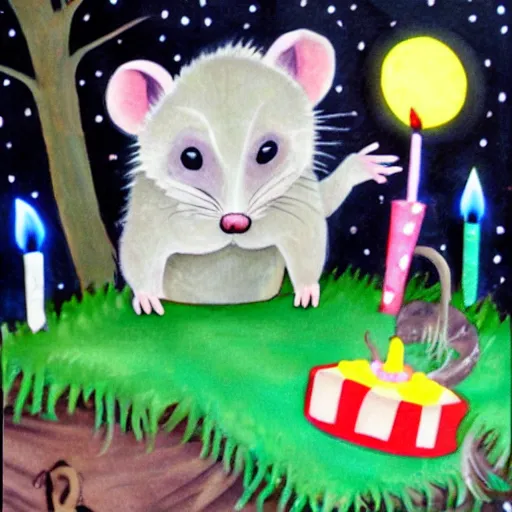 Image similar to opossum birthday party in the forest at night