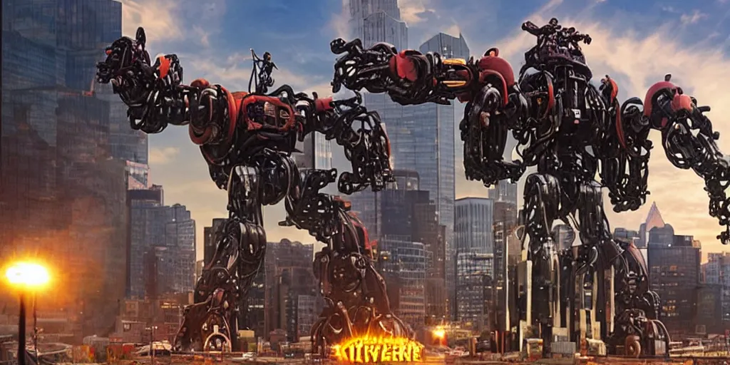 Image similar to a blockbuster style movie frame of a giant mechanical robot pig destroying pittsburgh