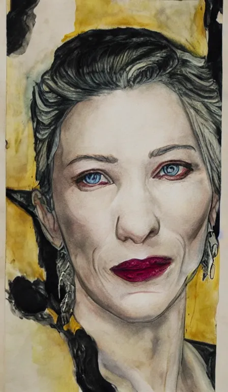 Image similar to cate blanchett , hanging scroll, ink and colours on silk,