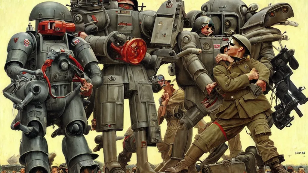 Image similar to America and Japan fight WWII with mechs, in the style of Norman Rockwell, sci-fi illustrations, highly detailed, award-winning, patriotic, american, dark, gritty, oil painting