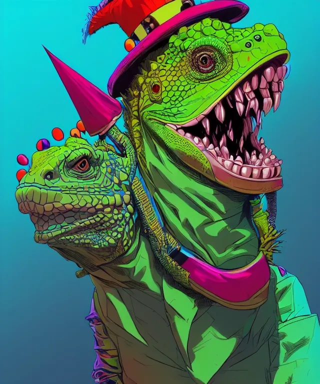 Image similar to a portrait of an iguana wearing a clown outfit, cyberpunk!, fantasy, elegant, digital painting, artstation, concept art, matte, sharp focus, illustration, art by josan gonzalez