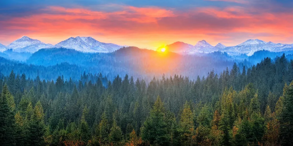 Prompt: redwood forest landscape with mountains in the background, sunset, high detail, high definition, photorealistic, 8k