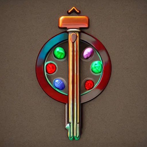Prompt: a stylised old colorful metal key, key is on the center, rpg game inventory item, rim light, outer glow, on the white background, high poly vray, stylised textures, trending on artstation
