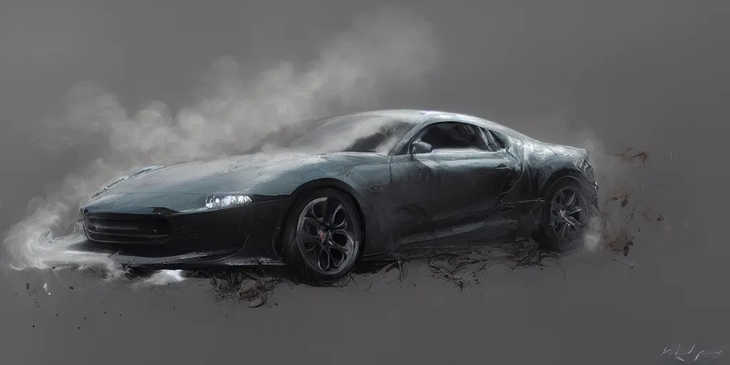 Prompt: full view of a sport car, surrounded in a detailed smoke, wet street, painted in dark color holographic pearlescent, elegant, digital painting, concept art, smooth, sharp focus, art style from Wang Ke and Greg Rutkowski and Bruce Kaiser and Scott Robertson and Dmitry Mazurkevich and Doruk Erdem and Jon Sibal, small style cue from Mad Max