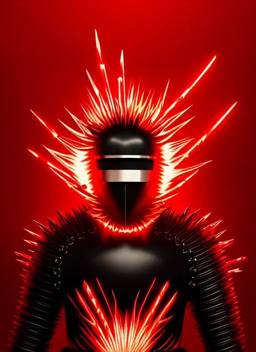 Image similar to a striking cinematic full body manga portrait of a long black haired masked male teenager wearing imposing red jagged spiked plate armour and glowing with raging powerful red energy by hirohiko araki and beeple, fine details, digital art, character concept art, volumetric lighting, cinematic light, photorealistic