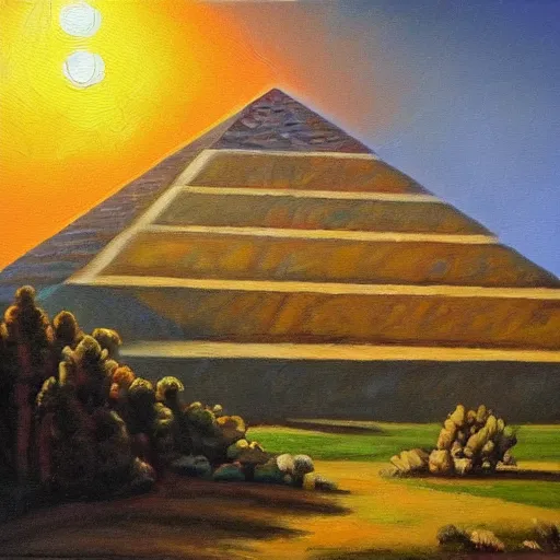 Image similar to oil painting of pyramid, sunny day, sun