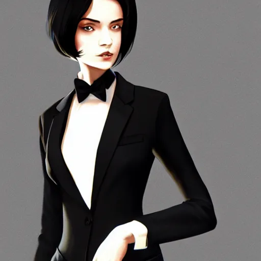 Image similar to slim girl in tuxedo with short black hair, elegant, 2d, ultra highly detailed, digital painting, smooth, sharp focus, artstation, art by Ilya Kuvshinov