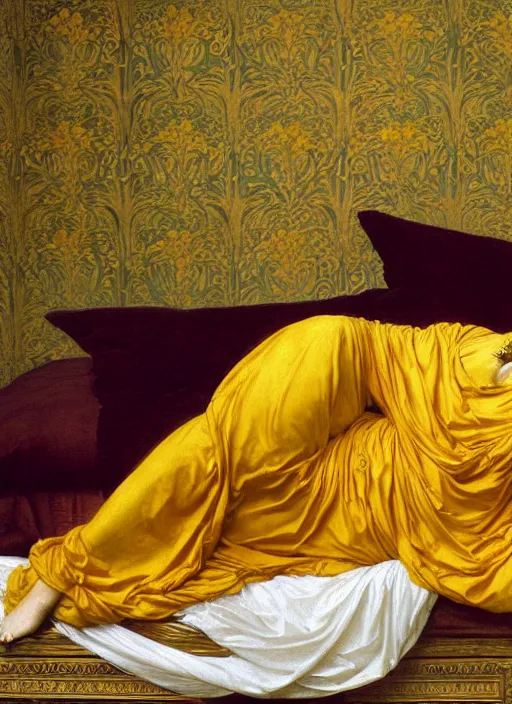 Prompt: masterpiece portrait of lady reclining on bed draping flowing flying sheets wearing yellow ochre ornate medieval dress, vertical, foreshortening, colour photography by frederic leighton, william morris, 8 k