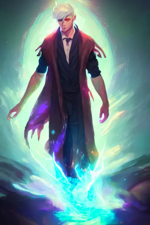 Image similar to a human elemental sorcerer, blurred environment background, colorful magic effects, white skin, portrait, male, clothed, sharp focus, digital art, concept art, trending on artstation, dynamic lighting, by emylie boivin and rossdraws