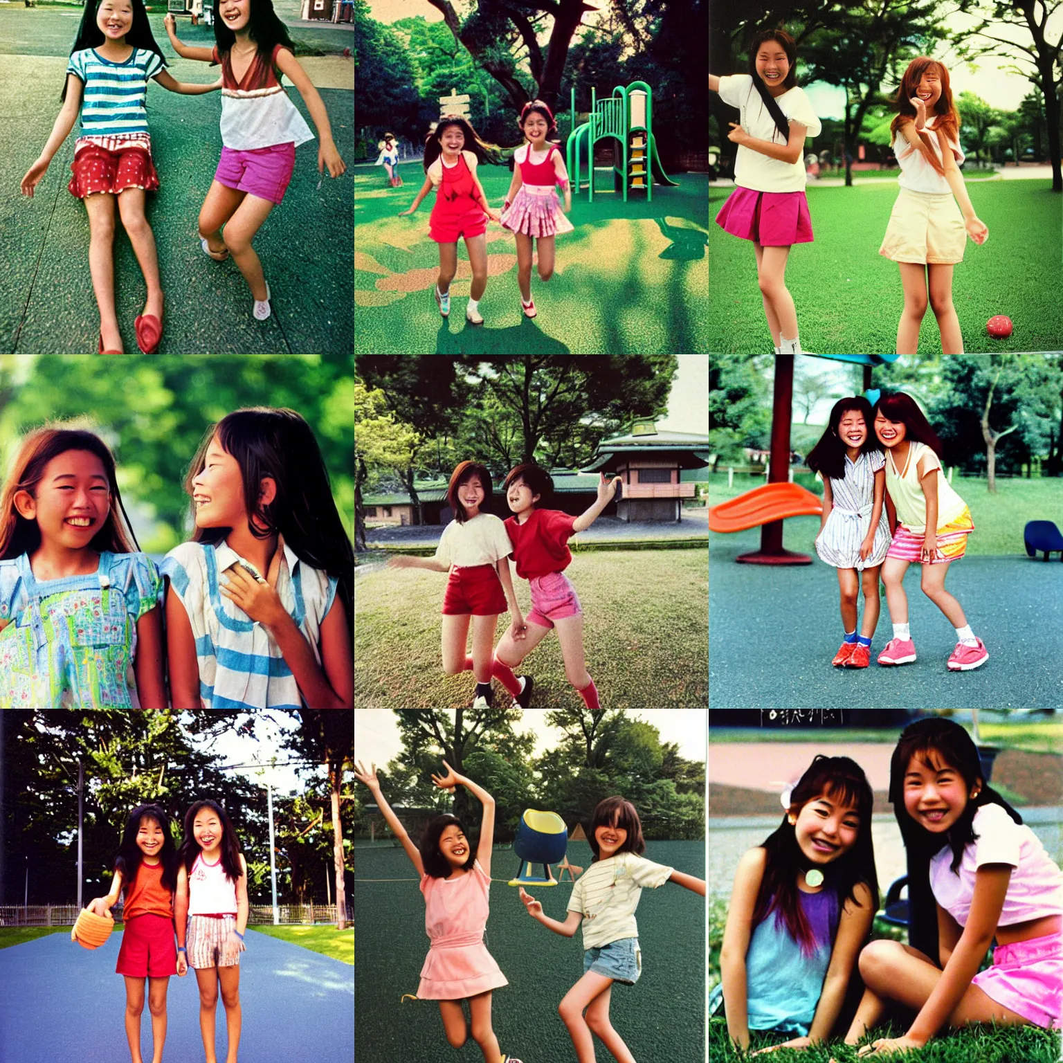 Prompt: A long-shot from front, color outdoor photograph portrait of two happy teen girls playing on the playground, summer, day lighting, 1990 photo from Japanese photograph Magazine.