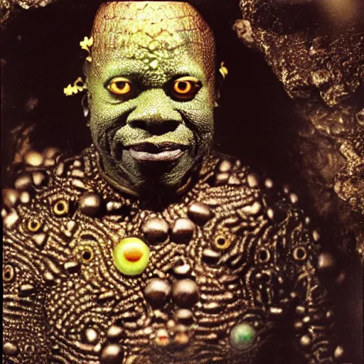 Image similar to photo inside a cavern of a wet reptilian humanoid sun ra partially hidden behind a rock, with black eyes, open mouth and big teeth