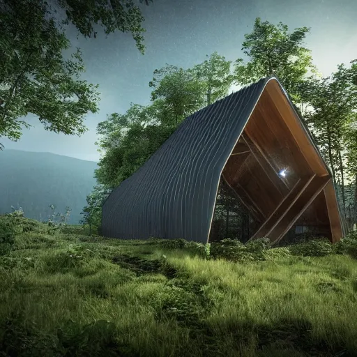 Image similar to solarpunk chapel from the outside in nature, forest and mountains, beautiful lighting, photorealistic, detailed