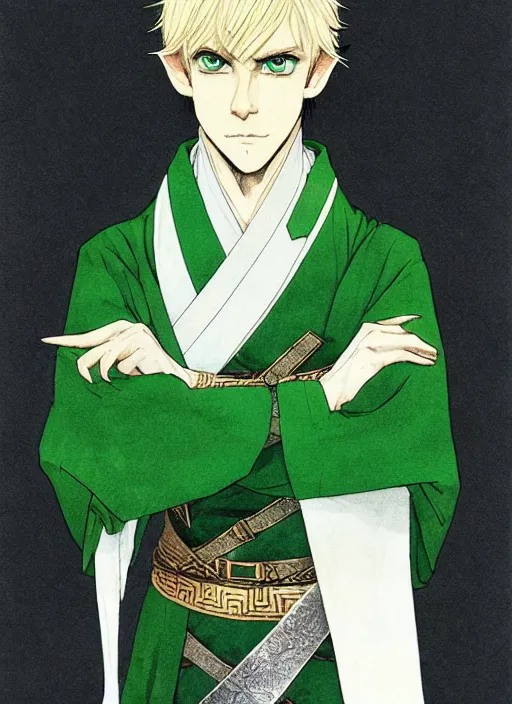 Image similar to half body portrait of a handsome blonde elf male diplomat in green and sliver tunic. detailed, wearing kimono armour, by conrad roset, takato yomamoto, jesper ejsing, masamune shiro