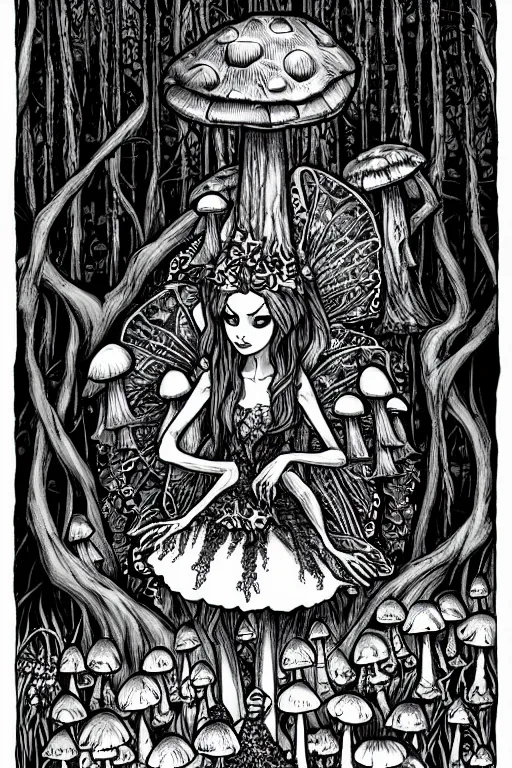 Prompt: a gothic fairy sitting on a toadstool in a forest, skulls and mushrooms, fantasy graphic novel style, by wendy pini, intricate, very fine inking lines, extremely detailed, 4k, hd