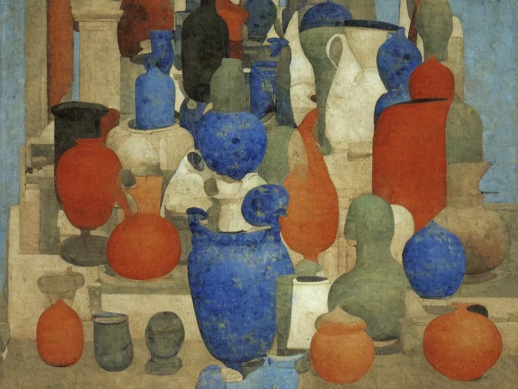Image similar to greek painted ceramic, pottery, amphora, vase. lapis - lazuli, turquoise, malachite, cinnabar, earth brown. painting by piero della francesca, balthus, agnes pelton
