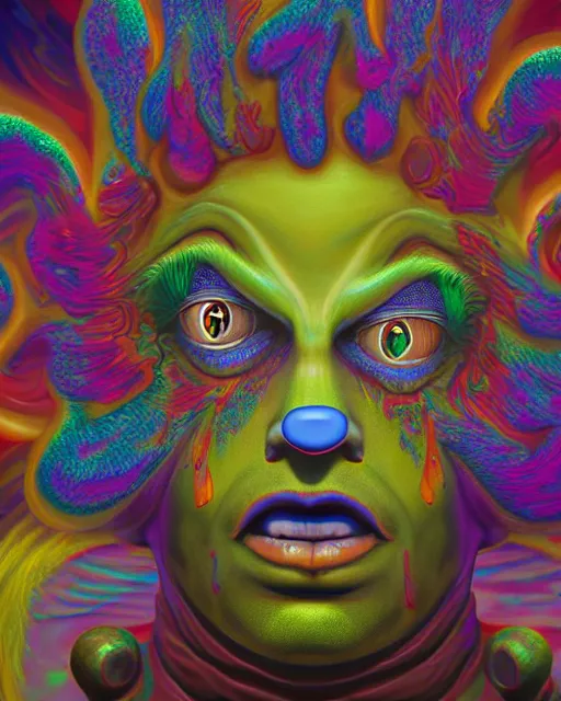 Prompt: portrait ultra dimensional krusty the clown entity, accidentally tripping on dmt and acid, psychedelic experience, overwhelming psychosis of self realization and burning awakening, ultra high definition, unreal engine 5, hyperrealism, masterpiece composition, by casey weldon, barclay shaw 8 k photorealistic