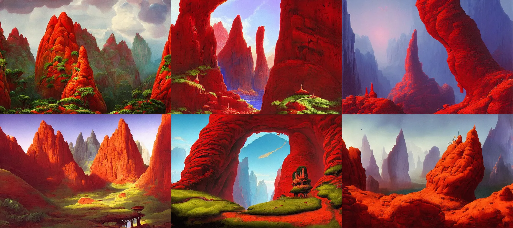 Prompt: Red Flute Cave landscape in the style of Dr. Seuss, starships, painting by Raphael Lacoste