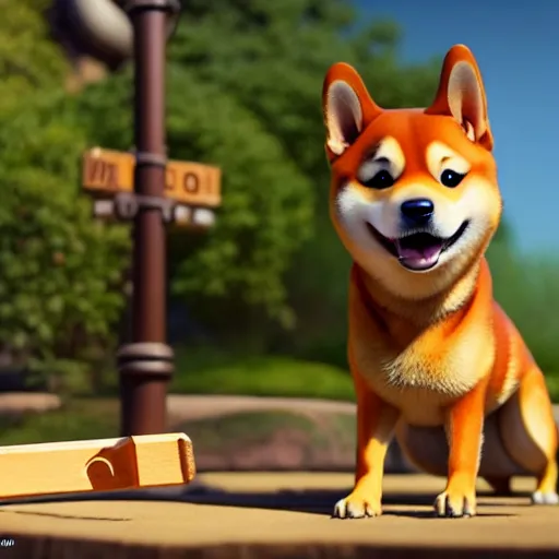 Image similar to weta disney pixar movie still photo of funny shiba inu with sign that says bonk : : by weta, greg rutkowski, wlop, ilya kuvshinov, rossdraws, artgerm, octane render, iridescent, bright morning, anime, liosh, mucha : :