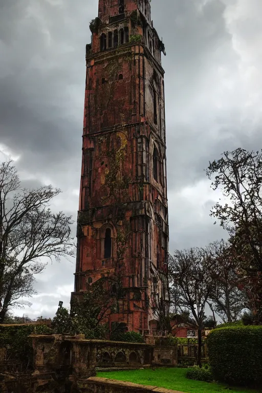 Image similar to view of the old tower and its gardens after a storm, tall windows lit up, beautiful ornamental architecture, dramatic cinematic lighting, rich colors, by Caspar David Friedrich and Diego Rivera, smooth, sharp focus, extremely detailed, featured on artstation