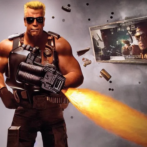 Image similar to UHD candid photo of Duke Nukem holding a Gatling gun in a crowded theater, accurate faces, UHD, photorealistic, correct face, photo by Annie Leibowitz