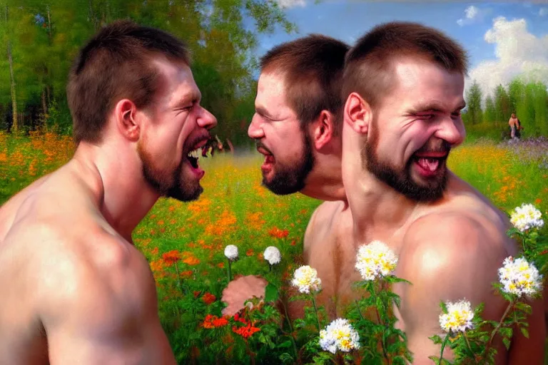 Image similar to ( ( a beautiful 8 k photorealistic masterpiece oil painting ) ( of ( two finnish men wrestling with flowers in their mouths and a big smile on their faces ) ( finnish scenery ) ) ( hyperrealism ) ( 1 6 k ) ( trending on artstation )