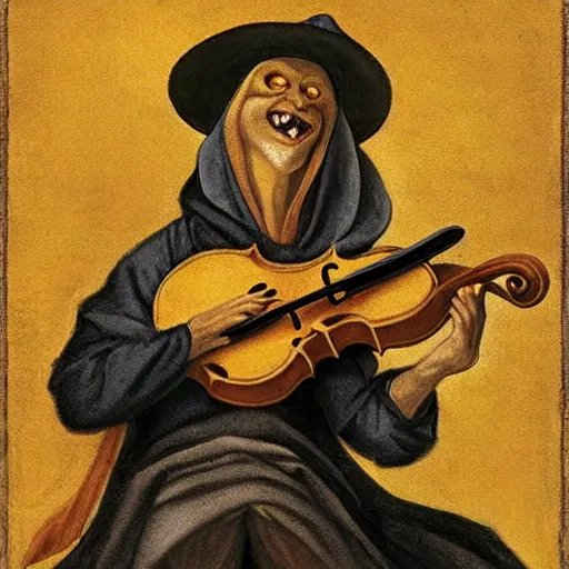 Prompt: yellow goblin in a cloak wearing a fiddle for a hat, renaissance painting