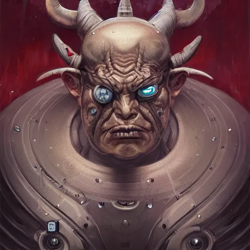 Image similar to portrait, cyberpunk japanese oni demon with horns and circuitry, augmented, stern expression, long hair, highly detailed, digital painting, artstation, concept art, smooth, sharp focus, illustration, artgerm, tomasz alen kopera, peter mohrbacher, donato giancola, joseph christian leyendecker, wlop, frank frazetta