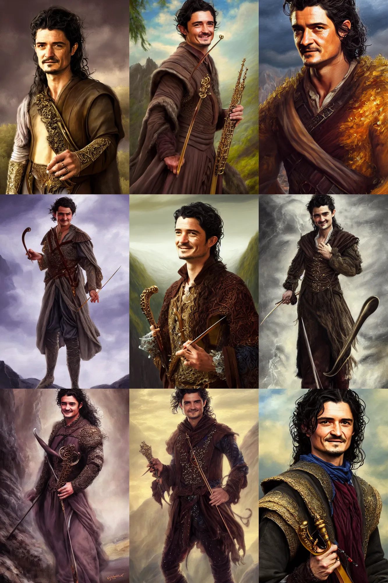 Prompt: a full body high detail fantasy portrait oil painting illustration of orlando bloom as an elegant male bard by justin sweet with face and body clearly visible, in a scenic background, striking eyes, realistic proportions, d & d, rpg, forgotten realms, artstation trending, high quality, sombre mood, artstation trending, muted colours, entire person visible!