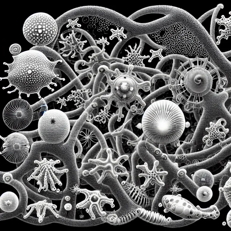 Image similar to a black and white drawing of a variety of sea life and filled with gundam mech equipment space station, a microscopic photo by ernst haeckel, zbrush central, kinetic pointillism, bioluminescence, biomechanical, intricate patterns, photoillustration