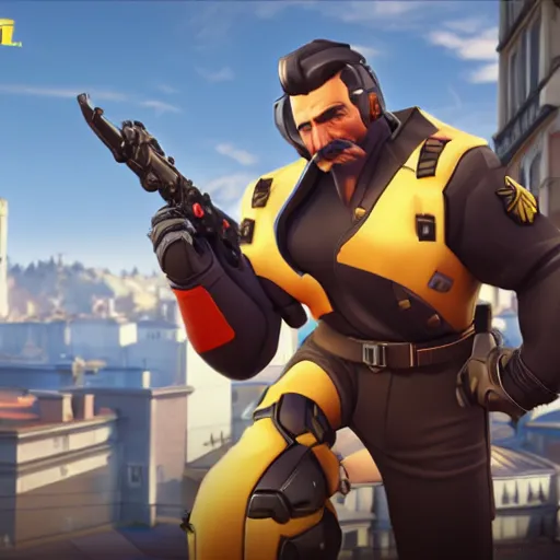 Image similar to joseph stalin is the newest overwatch character, kings row in the background, octane render, blender render, unreal engine, action shot, cinematic lighting, symmetrical