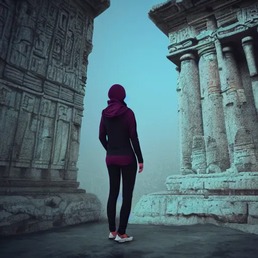 Image similar to high - tech space cult woman with hoodie looking at floating islands while standing on ruins of ancient temple, foggy of a ancient temple in temple dramatic lighting, epic, octane render, volumetric light, unreal engine, artbreeder, 8 k, background, scene