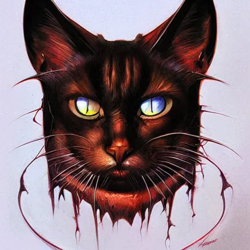 Image similar to portrait of cat demon, coherent! by brom! deep colors, strong lines, high contrast