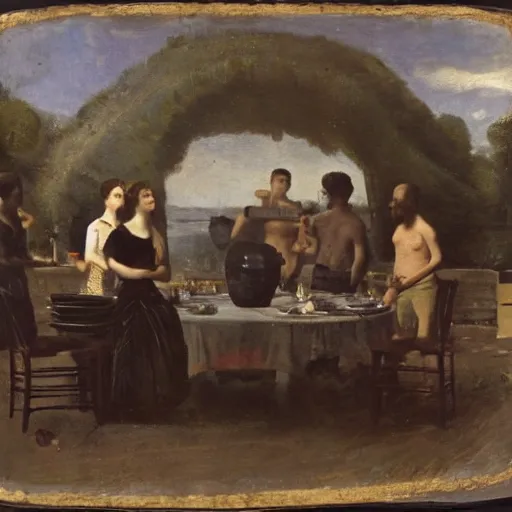 Image similar to by camille corot, by jakub rozalski, by bert hardy van dyke brown, prismatic unified, energetic. a beautiful body art of a group of people standing around a circular table. in the center of the table is a large, open book. the people in the body art are looking at the book with interest & appear to be discussing its contents.