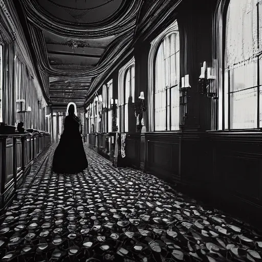 Prompt: a beautiful victorian woman is frightened by her doppleganger in a mirror. she is in a long hallway of mirrors. victorian interior, with many mirrors, twins, elegant design, haunting atmosphere, dark lighting, gothic, horror style, scary, swirling fog, volumetric lighting, by greg rutkowski, realistic, dutch angle, 3 / 4 view.