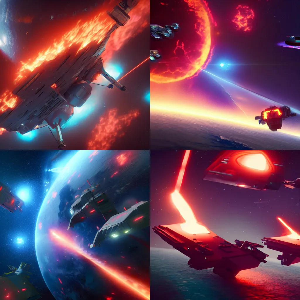 Prompt: Attack ships on fire off the shoulder of Orion, starships, nebula, concept art, trending in artstation, 8k, realistic octane render, Homeworld style