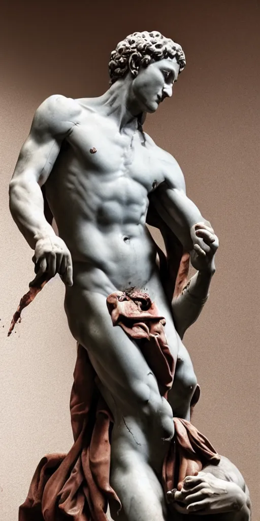 Prompt: David by Michelangelo statue crying real blood, ultra realistic, 4k, photograph, studio lighting