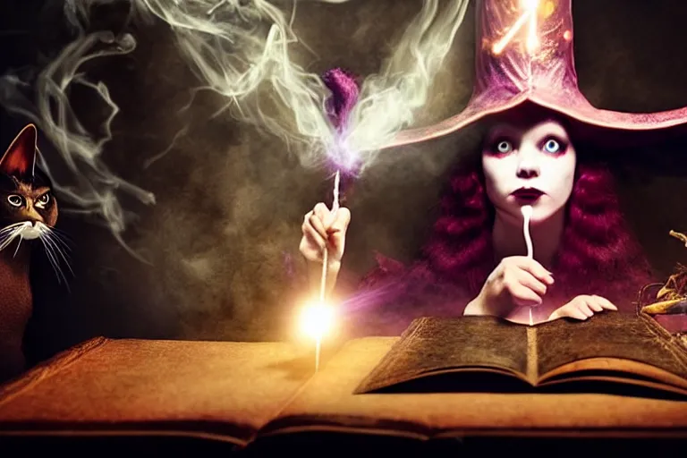 Image similar to close up portrait, dramatic lighting, teen alice witch calmly points a magic wand casting a spell over a large open book on a table with,, cat on the table in front of her, sage smoke, a witch hat cloak, apothecary shelves in the background, still from alice in wonderland