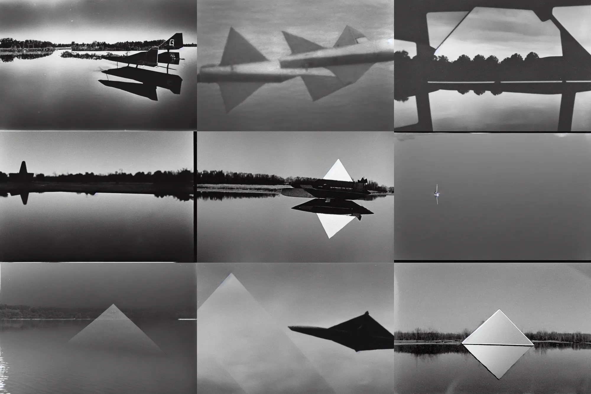 Prompt: declassified photograph of triangular aircraft reflected in still pond, film grain, 3 5 mm lens, government archive